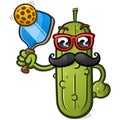 Pickle Cartoon Character holding Pickleball Gear and Sporting a slick pair of shades and a big hairy mustache