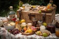 stylish picnic basket overflowing with food and drinks