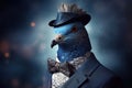 Stylish pigeon in a smoking suit surrounded by mysterious smoke with a beautiful blurred background. Generative AI