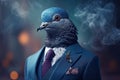 Stylish pigeon in a smoking suit surrounded by mysterious smoke with a beautiful blurred background. Generative AI