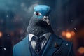 Stylish pigeon in a smoking suit surrounded by mysterious smoke with a beautiful blurred background. Generative AI