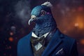 Stylish pigeon in a smoking suit surrounded by mysterious smoke with a beautiful blurred background. Generative AI