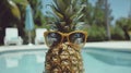 Stylish pineapple basks by the pool in chic sunglasses blending fun and sophistication in the summ