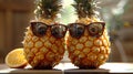 Stylish pineapple basks by the pool in chic sunglasses blending fun and sophistication in the summ