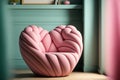 Stylish pink armchair with heart shaped pillow in a bright minimalist interior. Living room interior details, romantic interior Royalty Free Stock Photo