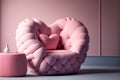 Stylish pink armchair with heart shaped pillow in a bright minimalist interior. Living room interior details, romantic interior Royalty Free Stock Photo