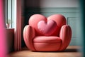 Stylish pink armchair with heart shaped pillow in a bright minimalist interior. Living room interior details, romantic interior Royalty Free Stock Photo