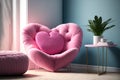 Stylish pink armchair with heart shaped pillow in a bright minimalist interior. Living room interior details, romantic interior Royalty Free Stock Photo