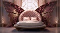 Stylish pink bed with golden legs in the form of a big butterfly for a girl\'s room. Interior of a childish little princess