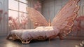 Stylish pink bed with golden legs in the form of a big butterfly for a girl\'s room. Interior of a childish little princess