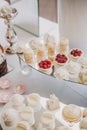 stylish pink candy bar table with delicious cakes,cookies,cupcakes with fruits in pink and white colors. luxury catering in