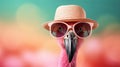 stylish pink flamingo wearing hat and sunglasses in studio shot with blurred defocused background