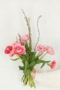 Stylish pink tulips with willow branches in hand on white wall background. Woman holding beautiful spring bouquet. Happy mothers Royalty Free Stock Photo