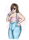 Stylish plus size girl with long hair in a beautiful top and pants. Fashion clothes and accessories, fashion and style. Vector