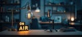 The stylish podcasting setup featuring a vintage microphone and warm lighting. AI generated image Royalty Free Stock Photo