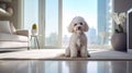 Stylish poodle thrives in a contemporary apartment, a furry friend for a modern lifestyle.