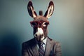 stylish portrait dressed up imposing anthropomorphic donkey wearing glasses and suit on background