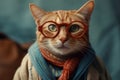 Stylish portrait of a hipster cat dressed as human. Generative AI