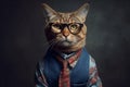 Stylish portrait of a hipster cat dressed as human. Generative AI