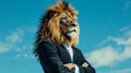 Stylish portrait Lion funny pop art, An anthropomorphic lion with a black suit and the blue sky