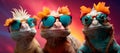Stylish portrait of three chameleons wearing sunglasses. Bright gradient background.