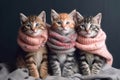 Stylish portrait of three kittens dressed as humans. Generative AI