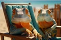 Stylish portrait of two chameleons on a beach longue. Summer vacation concept. Royalty Free Stock Photo