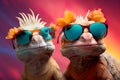 Stylish portrait of two chameleons wearing sunglasses. Bright gradient background. Royalty Free Stock Photo
