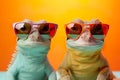 Stylish portrait of two chameleons wearing sunglasses. Bright gradient background. Royalty Free Stock Photo