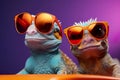 Stylish portrait of two chameleons wearing sunglasses. Bright gradient background. Royalty Free Stock Photo