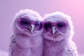 Stylish portrait of two purple owls wearing purple glasses in the purple background. Royalty Free Stock Photo