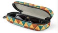 Stylish protective case holding sunglasses with geometric pattern Royalty Free Stock Photo