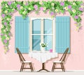 Stylish Provence street cafe exterior: window, table and chairs. Vector illustration.