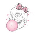 Stylish puffs ball out of chewing gum. Vector illustration for a card or poster, print on clothes. The hipster skeleton. Fashion &