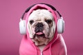 Stylish, purebred dog, english bulldog wearing sport stylish clothes and listening to music in headphones against pink studio