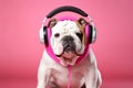 Stylish, purebred dog, english bulldog wearing sport stylish clothes and listening to music in headphones against pink studio