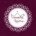 Stylish Ramadan Kareem Font with Mosque Over Mandala Frame on Pink Floral Background for Islamic Festival Celebration