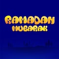 Stylish Ramadan Mubarak Font With Silhouette Mosque, Tree On Blue