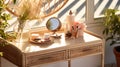 A stylish rattan wooden dressing table in sunlight, with the drawer ajar. Various beauty products , Generate AI