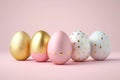 Stylish realistic illustration of five elegant Easter Eggs on a pink background.