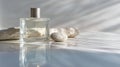 Stylish rectangular perfume flacon placed on a still surface beside a smooth stone, capturing serene elegance Royalty Free Stock Photo