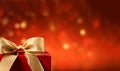 Stylish red christmas gift with golden ribbon and bow against bokeh lights background copy space Merry Christmas,festive Royalty Free Stock Photo