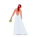 Stylish Redheaded Bride in Elegant Long Dress Rear View Isolated on White Background. Beautiful Romantic Lady