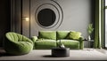 Stylish and refreshing green toned living room interior with artwork adorning the walls
