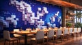 Stylish Restaurant Interior With Pixel Art On The Wall. Modern Dining Space. Generative AI