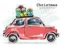 Stylish retro car with Christmas gifts. Hand drawn red car. Sketch.