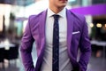 Stylish rich person adult man european successful businessman wearing purple suit tie shirt style handsome beauty Royalty Free Stock Photo