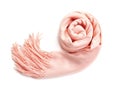 Stylish rolled scarf on white background, top view Royalty Free Stock Photo