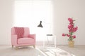 Stylish room in coral color with armchair. Scandinavian interior design. 3D illustration