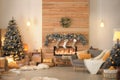 Room interior with beautiful Christmas tree and decorative fireplace